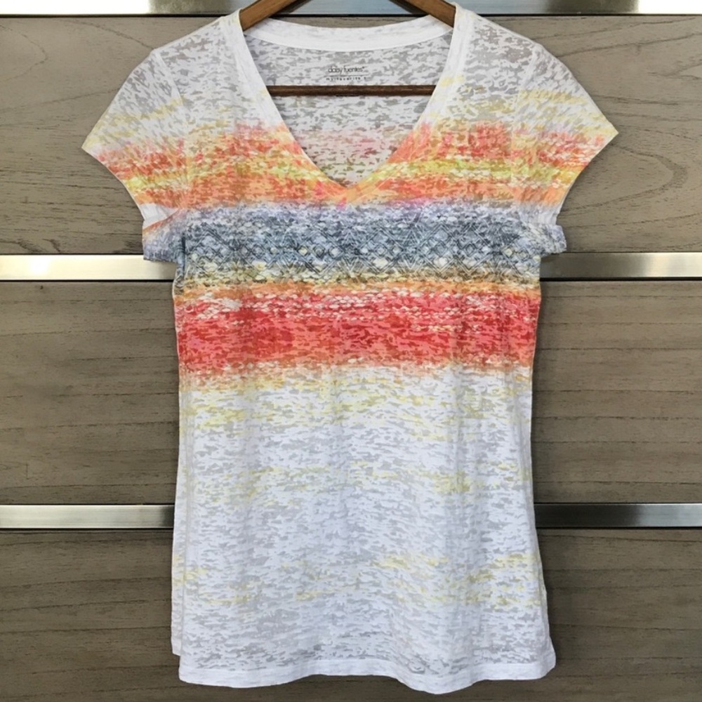 Daisy Fuentes My Favorite T Burnout Tee Shirt Aztec Tribal Rainbow